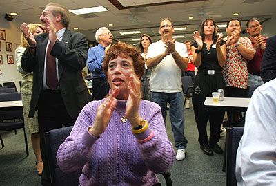 Teachers Union President Pat Santeramo Applauds the Passage of Slots after the results of the Referendum were Announced