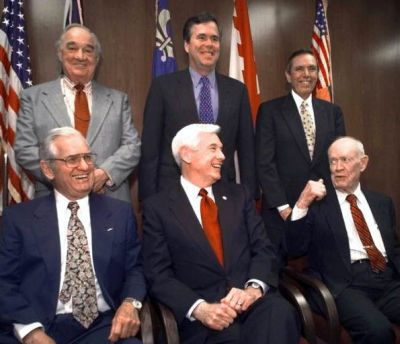 Florida Governors Claude R. Kirk, Jeb Bush, Robert Martinez. Seated: Wayne Mixson, Reubin Askew and Farris Bryant