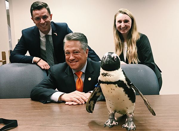 Representative Chip Lamarca, Legislative Assistant Corey Staniscia, District Executive Secretary Samantha Verner Watch Pebbles the Penguin