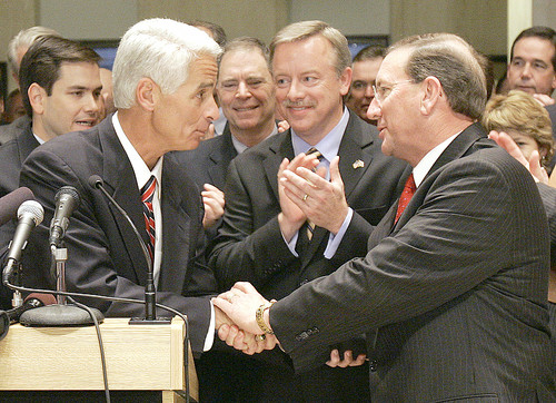 Statehouse Speaker Marco Rubio, Governor Charlie Crist, Senator Bill Posey, Lt. Governor Jeff Kottkamp, Senate President Ken Pruitt and Senator Jeffrey Atwater