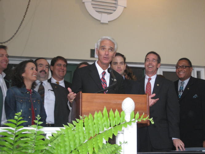 Senator Steven Geller, Representative Jack Seiler, Governor Charlie Crist, Statehouse Speaker Marco Rubio, Senator Jeffrey Atwater and Representative Joe Gibbons visit with constituents suffering from rate shock - Charlie and Becky Isiminger