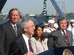 Former New York Governor George Pataki and then Secretary of the Navy Gordon England Name USS New york in 2002