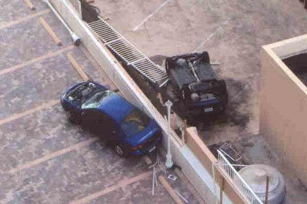 Vehicle Blown Over Wall from Commodore Deck to Playa del Sol Deck